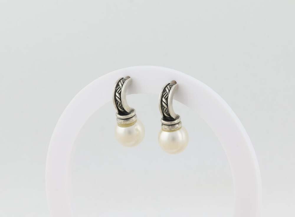 Sterling Silver Simulated Pearl Earrings Drop Earrings 7/8" x 3/8" - Picture 6 of 7